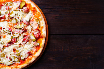Food background, pizza close up with free space. Traditional Italian Napoli recipe, delivery,...