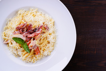 pasta carbonara, traditional Italian cuisine. Delicious and nourishing food, restaurant, banquet menu