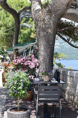 Sea viewing restaurant on the Korcula town promenade, Korcula, island, Croatia, June, 2018