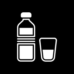 bottle of water and glass cup. simple icon. White icon on black
