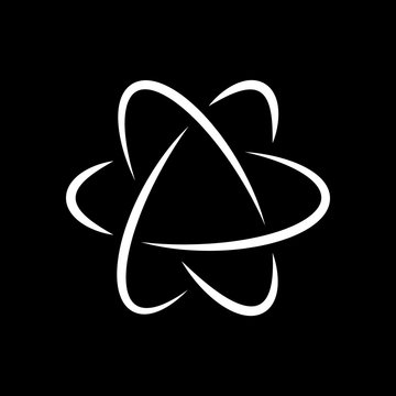 recommend clip art: scientific atom symbol, logo, simple icon. White icon on black b