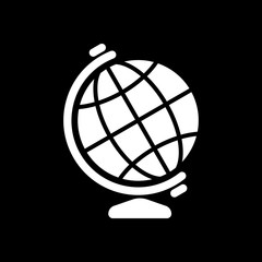 Simple globe symbol. White icon on black background. Inversion