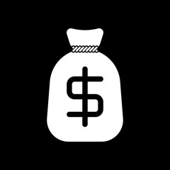 Money bag with dollar. Full moneybag icon. White icon on black b