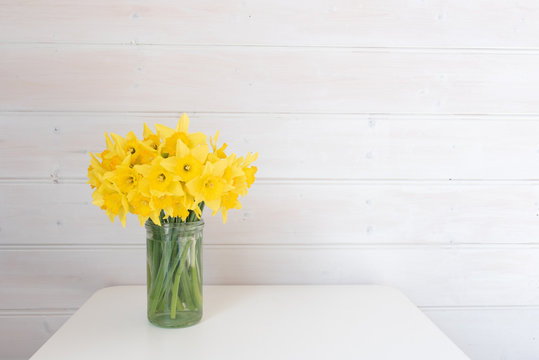 Yellow daffodils in glass jar on white table against rustic white wood panelled wall with copy space