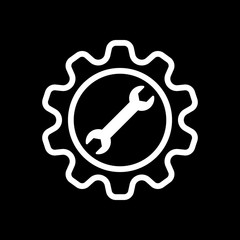 wrench in gear. White icon on black background. Inversion