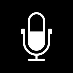 Simple microphone icon. White icon on black background. Inversio