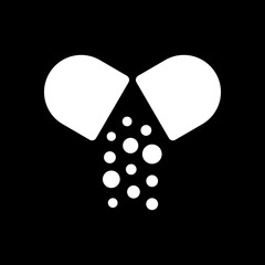 Open pill icon. White icon on black background. Inversion