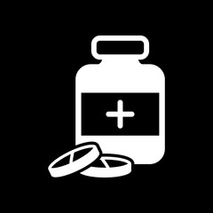 Pills and medicine bottle. White icon on black background. Inver