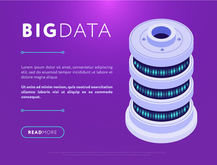 Web page design with isometric template of big data network storage and text space on purple