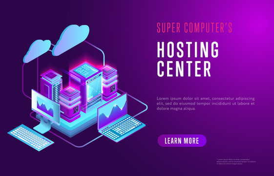 Vector isometric design of web page with information about hosting center and contemporary database technology on purple