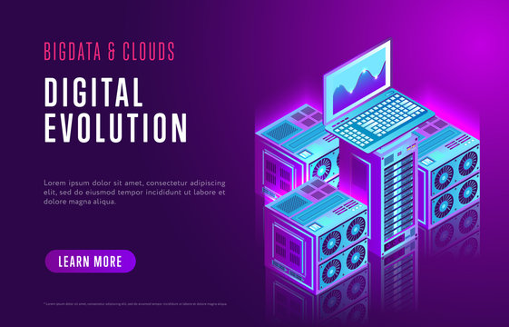 Colorful design of Internet resource page about contemporary digital evolution and network database on purple