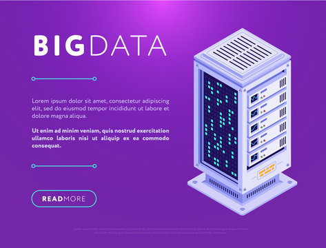 Vector of big data network center with text in web design on purple background
