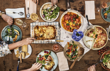 Dinner party with homemade lasagna and quiche