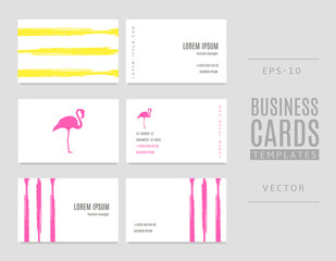 Template of travel business cards. Flamingo and striped background.