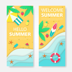Set of summer vector banner design. Paper cut style. vector illustration