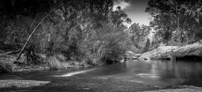 Black and White Neutral Density, Creek Bed with water like glass, Megalong Valley, Blue Mountains, NSW, Australia