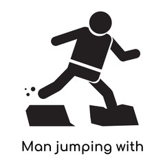 Man jumping with opened legs from one point to other icon vector sign and symbol isolated on white background, Man jumping with opened legs from one point to other logo concept