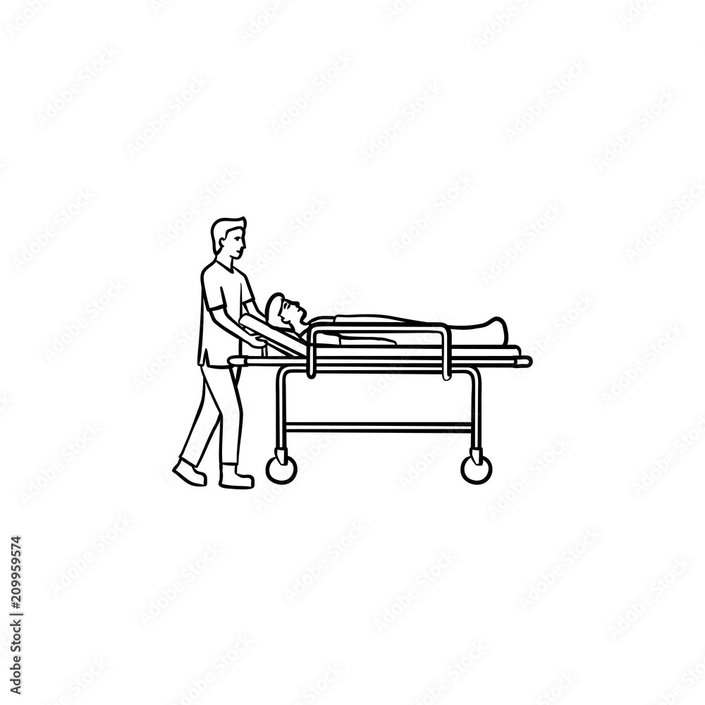 Sticker Doctor with tretchers hand drawn outline doodle icon. A nurse pulling an injured man on medical stretcher. Vector sketch illustration for print, web and infographics on white background.