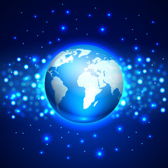 Planet globe Earth on the blue space background, vector illustration