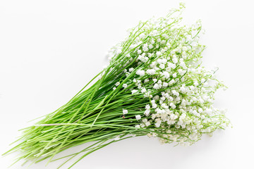 Small and fragrant spring flowers. Bouqet of lily of the valley flowers on white background top view copy space