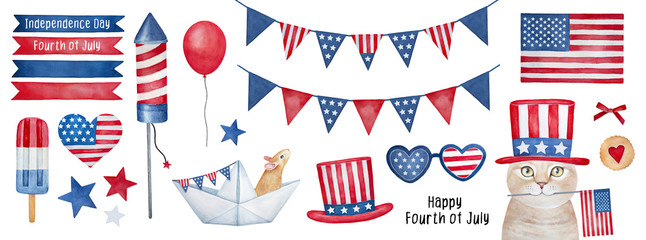 Independence Day (4th of July) Collection. Hand drawn watercolour graphic paint on white background, isolated clip art elements for holiday decoration and celebration design. Red, blue, white color.