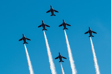 Blue Sky and aerobatics flying by six Jets.