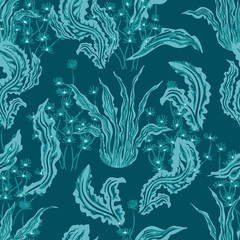 Seaweed pattern. Silhouette underwater plants seamless pattern, sea flora blue background vector illustration