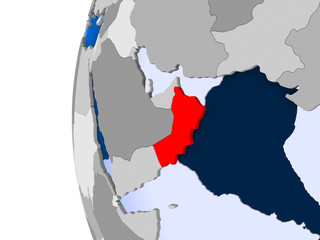 Map of Oman on political globe