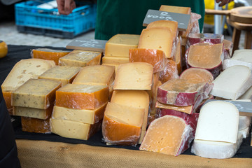 Dutch cheese on a street market in Alkmaar. Netherlands