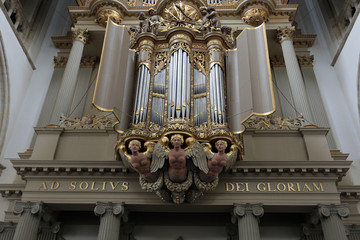 The two organs inside the Church of St. Lawrence (Grote Kerk or Great Church) in Alkmaar,...