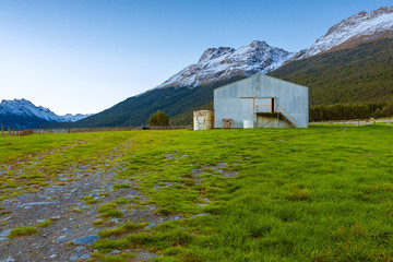 Fototapeta na wymiar A barn on a grassland near mountains covered in snow, and a flock of sheep grazing nearby.