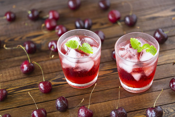 Fresh cold cherry cocktail with mint and ice.
