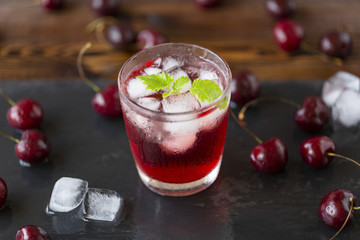 Fresh cold cherry cocktail with mint and ice.