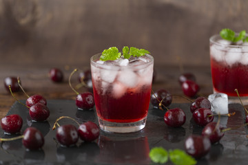 Fresh cold cherry cocktail with mint and ice.
