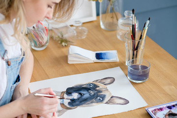 Obraz premium art painting hobby. creative leisure. girl drawing a picture. talent inspiration creation and self expression concept