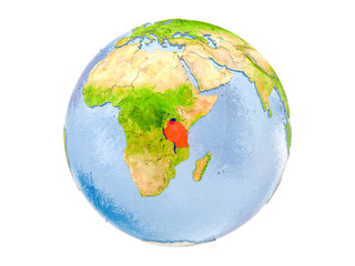 Tanzania on globe isolated