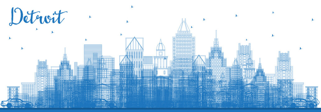 Outline Detroit Michigan Skyline with Blue Buildings.