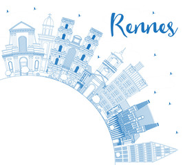 Outline Rennes France City Skyline with Blue Buildings and Copy Space.