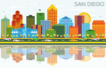 San Diego California Skyline with Color Buildings, Blue Sky and Reflections.