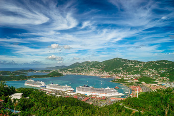 Three cruise ships in the port of St Thomas, US Virgin Islands