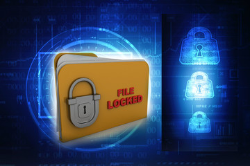 Yellow folder and lock. Data security concept. 3D rendering