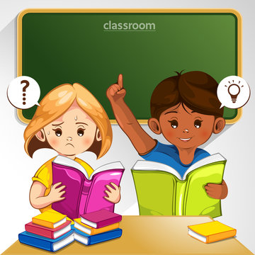 Kids in the classroom are answering questions, vector illustration, you can place relevant content on the area.