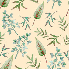 seamless pattern with leaves of palm trees and other tropical plants 