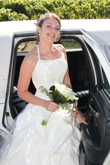 beautiful tender wedding bouquet of cream roses flowers in hands of the bride go out of marriage car
