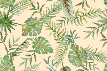 seamless pattern with leaves of palm trees and other tropical plants 