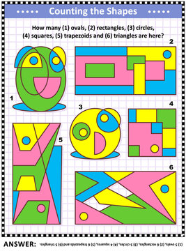 IQ training educational math puzzle for kids and adults with basic shapes - count ovals, rectangles, circles, squares, trapezoids and triangles. Answer included.
