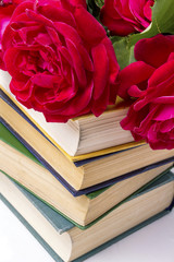 A bouquet of red roses on a pile of books on a light stone background. Concept love of literature and romance novels