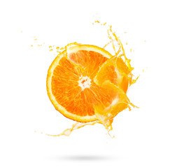 Fresh slide half of ripe orange fruit with orange juice splash water isolated on white background