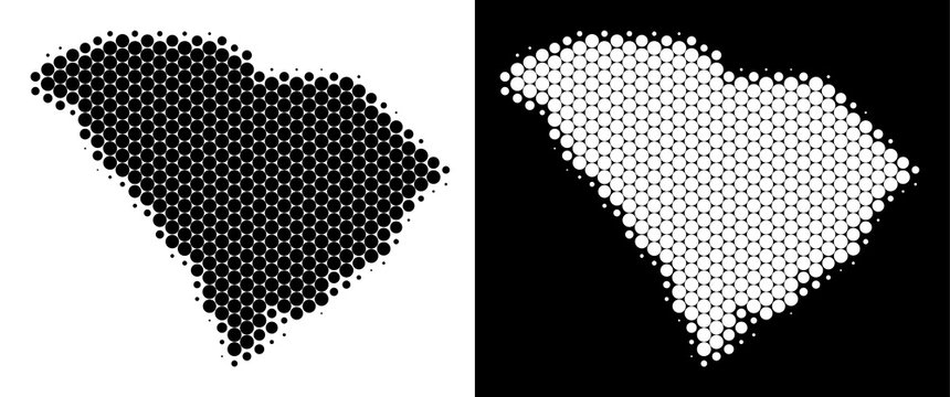Dotted halftone South Carolina State map. Vector geographic scheme on white and black backgrounds. Abstract mosaic of South Carolina State map designed from round blots.