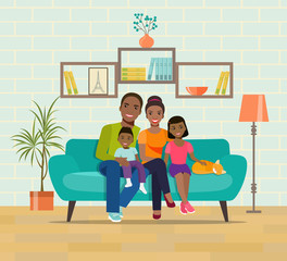 African american smiling young parents and their children on sofa in the living room. Vector flat style  illustration